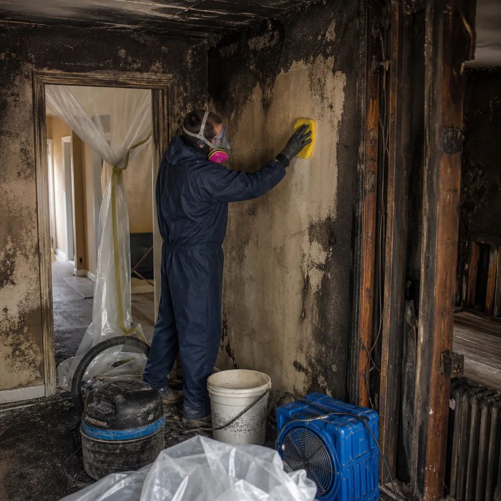Professional in protective gear cleaning fire and smoke damage from wall