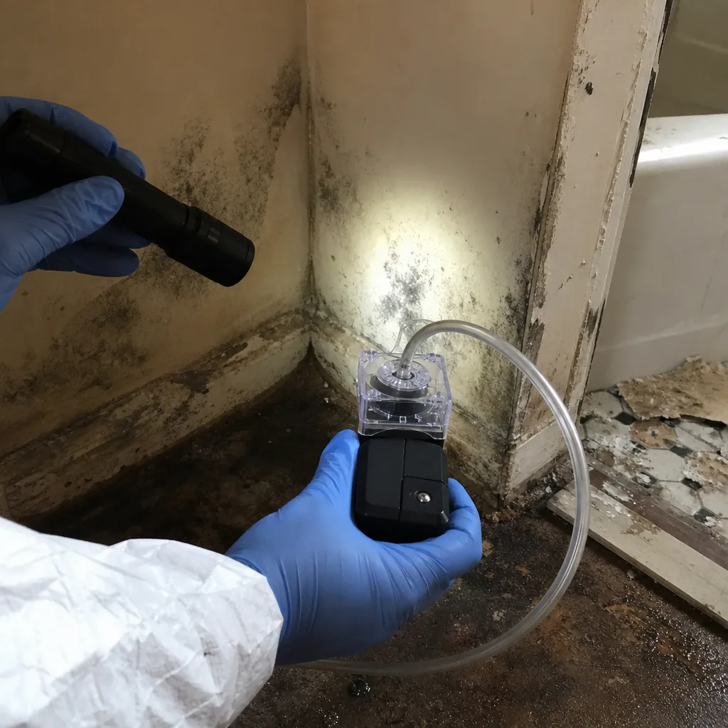 Professional performing mold inspection and air quality testing in a building