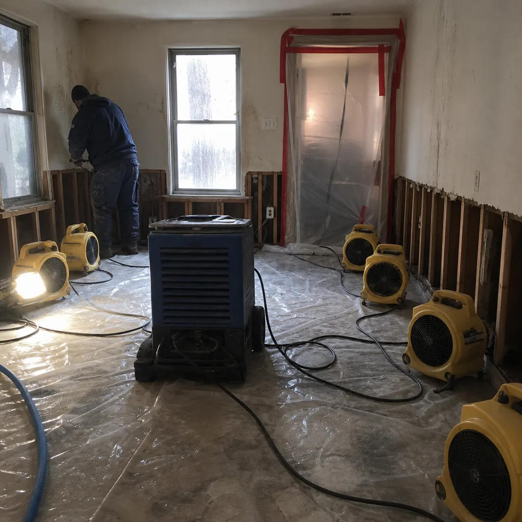 Water damage restoration professional using industrial drying equipment in a home