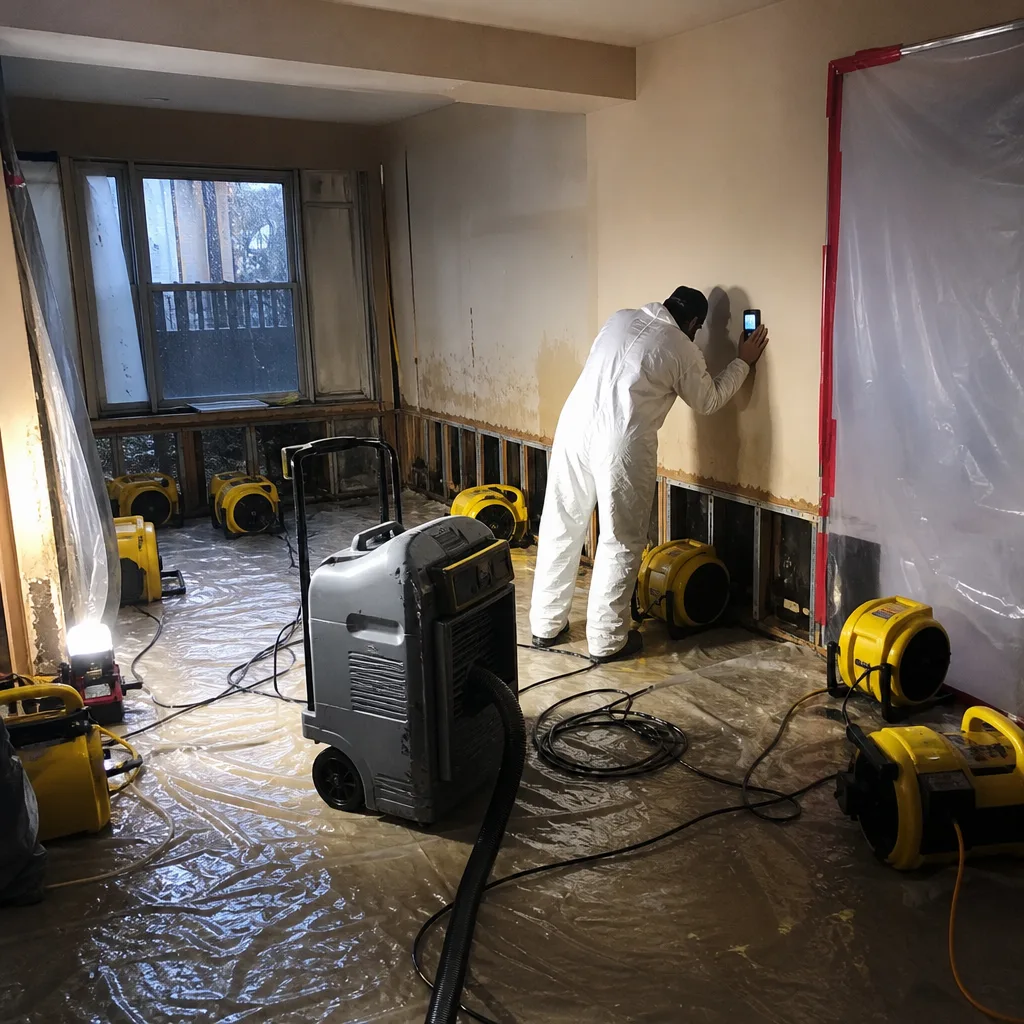 Water damage restoration professional using moisture meter in drying room
