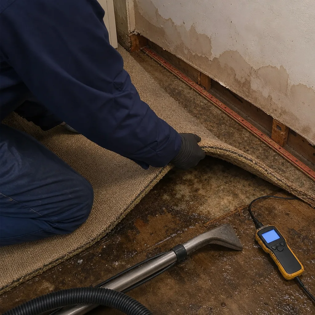 Water damage restoration professional using a moisture meter to inspect flooded carpet